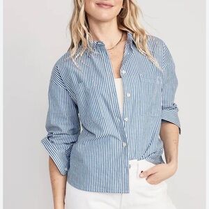 Old Navy utility boyfriend stripe blue railroad crop button down ladies top XXL